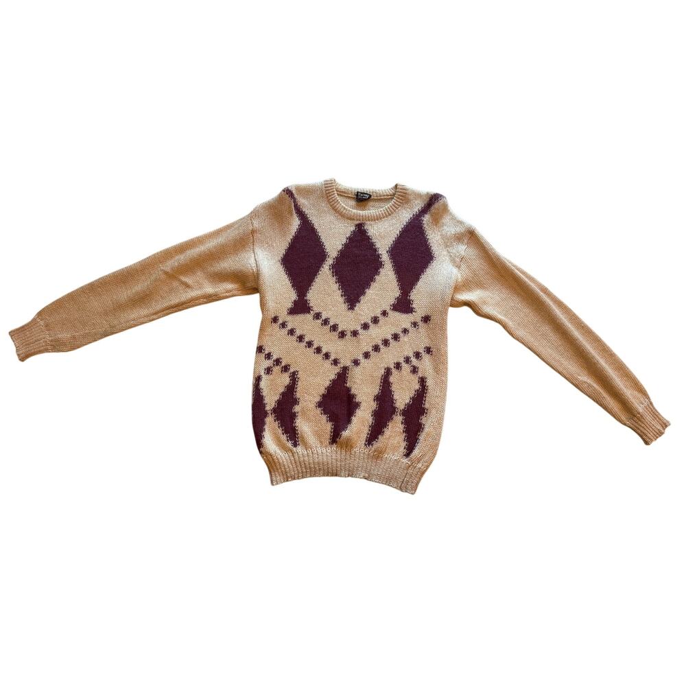 Vtg 1960s Russian Soviet Era Beige Maroon Diamond Moxen Mohair Sweater - Size L